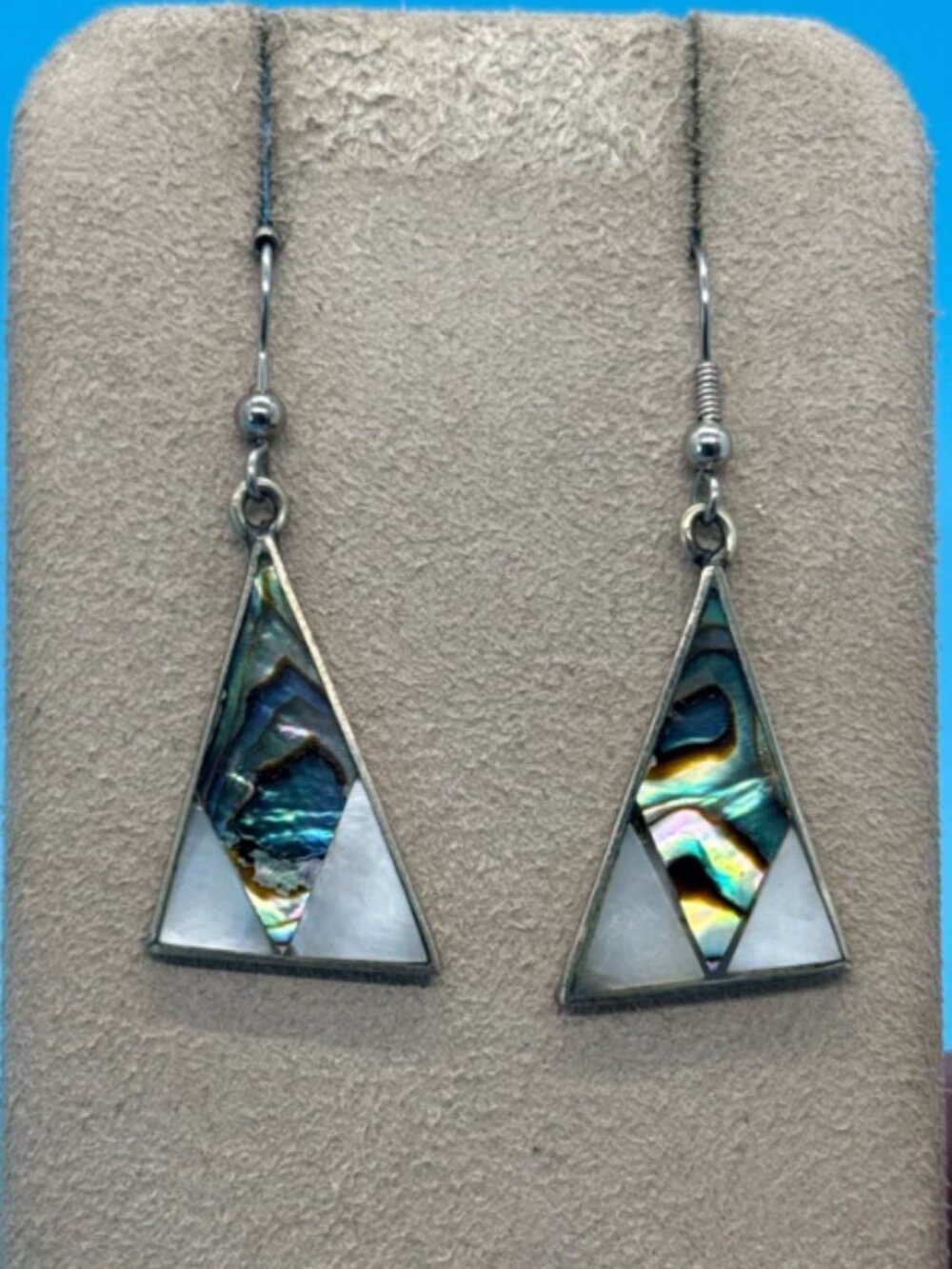 Vintage Mexican Alpaca Silver MOP Abalone Shell Dangle Drop Hook Earrings